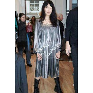 Batsheva Beaumaris Silver Party Dress Futuristic Metallic Mod Prairie Dress